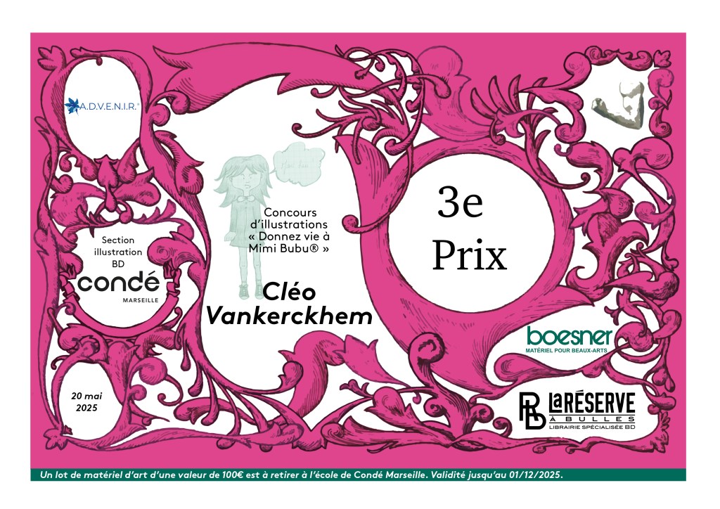 Un certificat coloré attribuant le 3e prix à Cléo Vankerckhem pour le concours d'illustrations 'Donnez vie à Mimi Bubu', avec des éléments graphiques artistiques en arrière-plan.